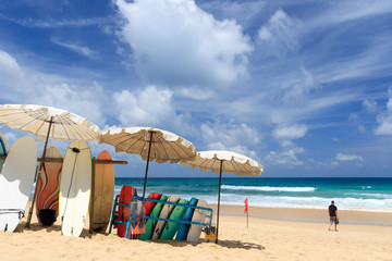 Surfboards available for rent on the beach.