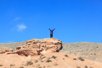 Happy woman standing on the top of the hill with raised hands  and enjoy the view 

