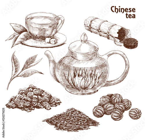 "Chinese tea set. Hand drawn collection of varied traditional Chinese ...