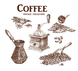 Coffee set. Hand drawn collection in vintage style. Vector illustration.  - 126271806
