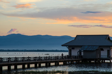 Fisherman hut with the evening scene of Phayao lake