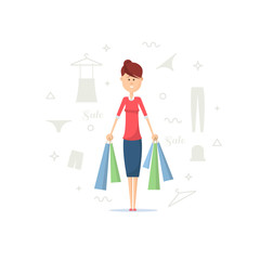 Girl with shopping bags. Happy girl comes back from the supermarket vector illustration.