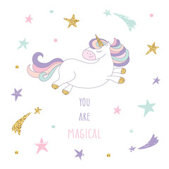 Cartoon unicorn on the starry sky. Cute inspirational card with glitter.