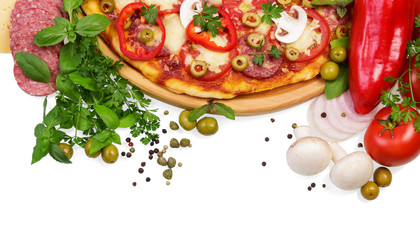 Pizza with salami and vegetables isolated on white.