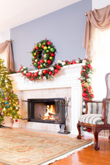 Festive Christmas fireplace with wreath