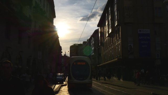 milan city sunset torino street tram traffic walking panorama 4k italy
