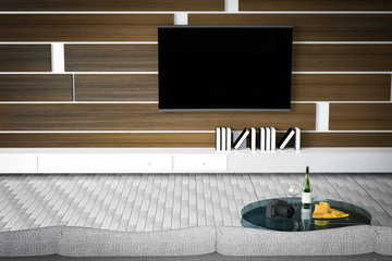3D Rendering : illustration of white Living room interior design with sofa.shelves and wooden walls.glass table with wine bottle.wine glass.digital camera.television hanging on a wall