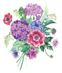 Spring bouquet. A water color bouquet from a primrose, anemones of m of lilies of the valley.
