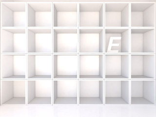 Empty white shelves with E