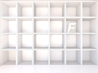 Empty white shelves with F