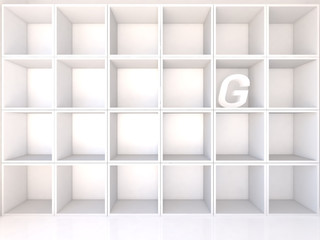 Empty white shelves with G