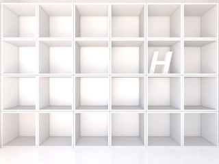 Empty white shelves with H