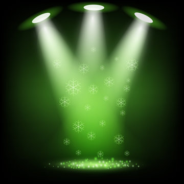Vector Spotlight Lamps on Stage with Snowflakes