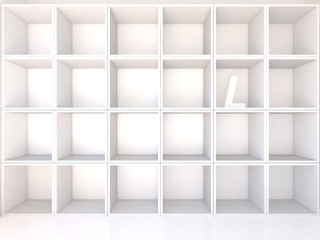 Empty white shelves with L