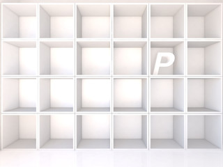 Empty white shelves with P