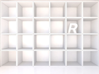 Empty white shelves with R