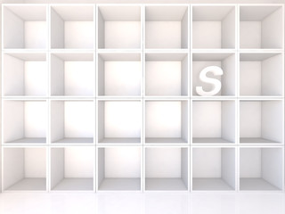 Empty white shelves with S