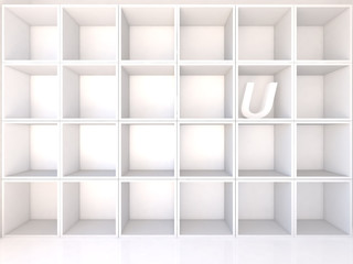 Empty white shelves with U