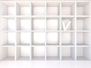 Empty white shelves with V