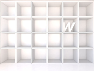 Empty white shelves with W