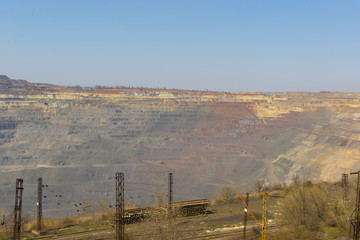 Aerial view of open pit mining of iron ore.
