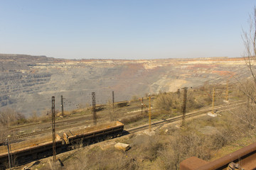 Aerial view of open pit mining of iron ore.