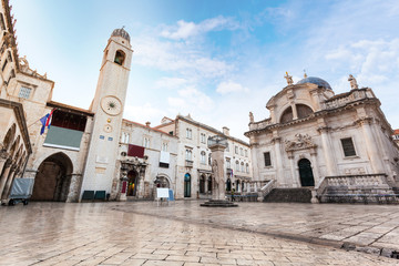 Obraz premium Stradun street at old part of the city early in the morning. Dubrovnic, Croatia. Fortification.