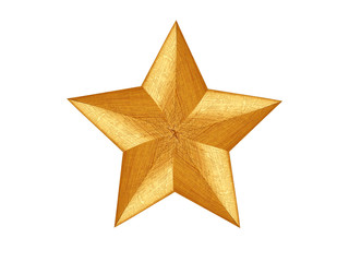 Golden star isolated on white background for Christmas and new year decoration. Star made from wood and paint with gold color.