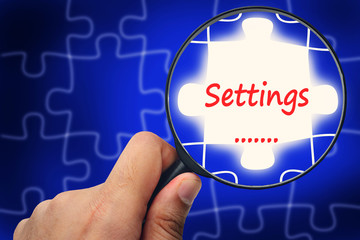 Settings word. Magnifier and puzzles.