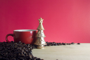 coffee beans and golden xmas tree