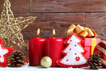 Christmas decorations on the wooden table
