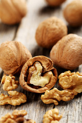 Walnuts on a grey wooden table