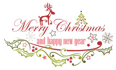 Merry Christmas Dekoration mit Rentier, Stechpalme und Weihnachtsbaum
