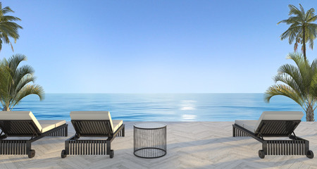 3d rendering outdoor beach bed in villa near ocean in summer