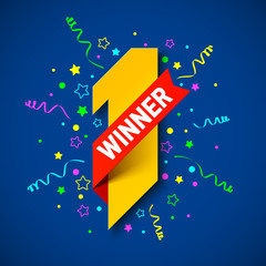 First winner, first place. Number one illustration with red ribbon and confetti