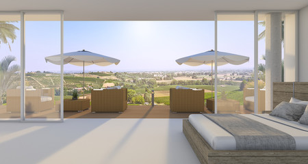 3d rendering wonderful bedroom with nice bed and outdoor armchair near green hill in summer