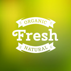 Fresh bio product logotype. Logo template vintage element in white color for restaurant menu or food package. Organic product badge on green background. Vector label in EPS10.
