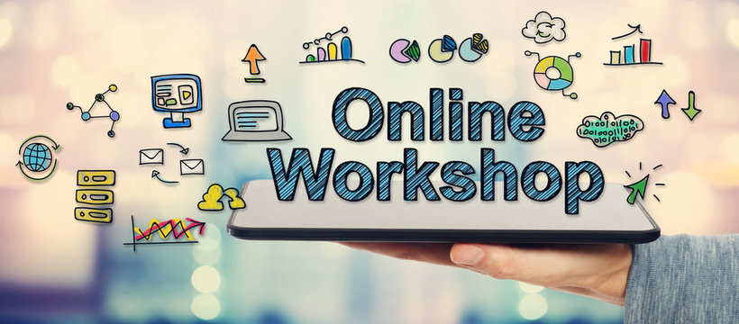 Online Workshop concept with man holding tablet