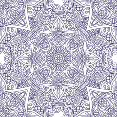 Oriental seamless pattern. Blue outline square Arabic, Indian, American, Moroccan ethnic ornament such as adult coloring book, batik, t-shirt print. Mandala. Vector illustration.