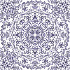 Oriental seamless pattern. Blue outline square Arabic, Indian, American, Moroccan ethnic ornament such as adult coloring book, batik, t-shirt print. Mandala. Vector illustration.