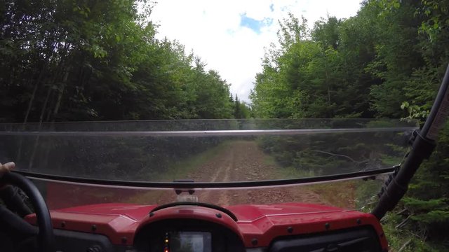 Low shot of a large four wheeler riding through grass and trees
