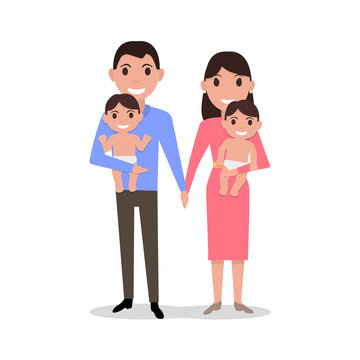 Vector cute cartoon young parents with twins