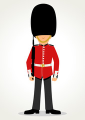 Simple cartoon of a Queen's Guard in traditional uniform