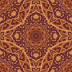 Oriental seamless pattern. Colored square Arabic, Indian, American, Moroccan ethnic ornament in brown and ocher colors. Adult coloring book. Wallpaper. Mandala. 