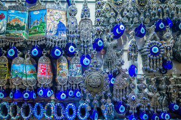 Typical Turkish blue souvenirs with eyes in the Grand Bazaar of Istanbul, Turkey