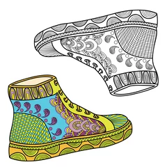 Keuken spatwand met foto Women's shoes with a beautiful pattern. Sport shoes. Sneakers. Hands sketch doodle element. Printing on T-shirts, banners, posters, cover. Coloring page book for adults and children. © mrnvb