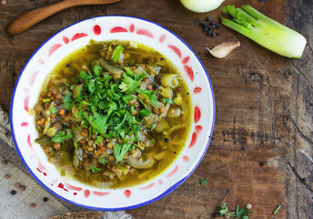 Lentil soup with onion. Top view