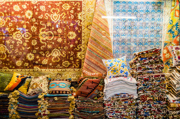 Colorful Turkish carpets in the Grand Bazaar of Istanbul, Turkey