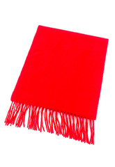 Luxurious red cashmere scarf out of pure cashmere wool isolated on white background. 