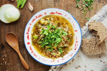 Lentil soup with onion. Top view